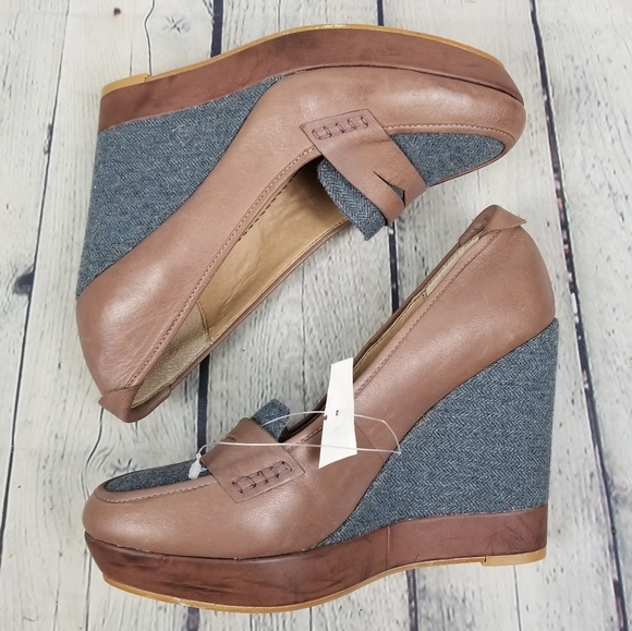 SPLENDID | herringbone fabric & leather slip-on wedge preppy loafers shoes - Picture 3 of 11
